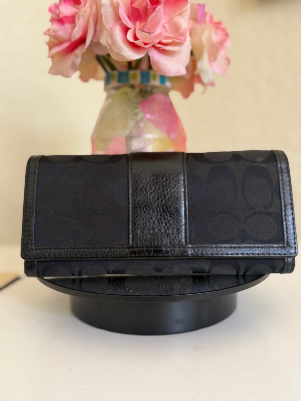 COACH Legacy trifold long wallet signature "C" monogram canvas leather trim